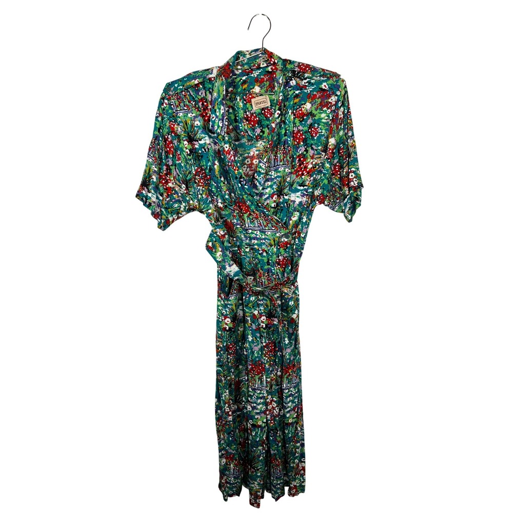 Vintage Dress Green Floral Wrap Midi Short Sleeve Garden Party Artistic Medium